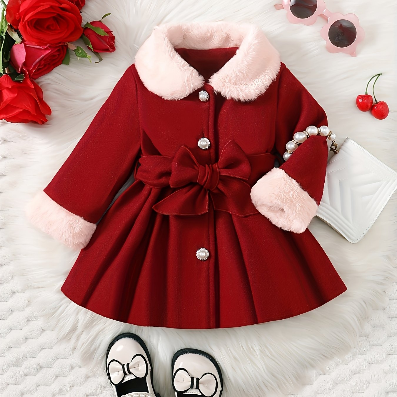 Fashionable And Versatile Coat for Baby Girls in Autumn And Winter, a Perfect Mother'S Day Gift. Adorable Plush Coat with a Bow And Collar, Designed for a Sweet Princess Look. Soft And Comfortable Outerwear to Keep Baby Warm