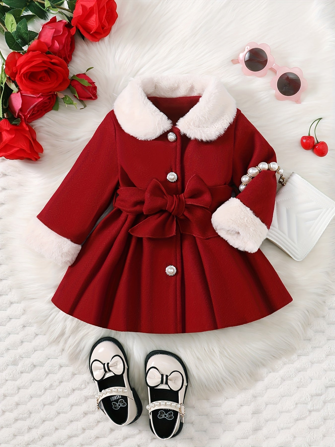 Fashionable And Versatile Coat for Baby Girls in Autumn And Winter, a Perfect Mother'S Day Gift. Adorable Plush Coat with a Bow And Collar, Designed for a Sweet Princess Look. Soft And Comfortable Outerwear to Keep Baby Warm