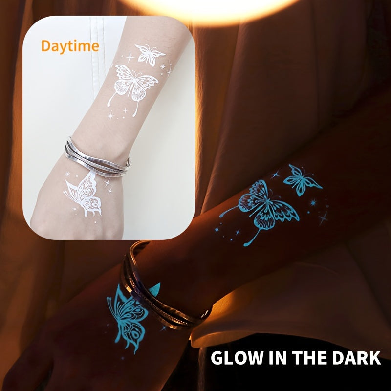 4 Sheets Glow-in-the-Dark Tattoo Stickers - Moon, Stars, Butterfly & Flower Designs for Women & Girls, Luminous Face & Body Art for Weddings, Nightclubs, Music Festivals & Parties, Gift for Eld, Gift for Ramadan