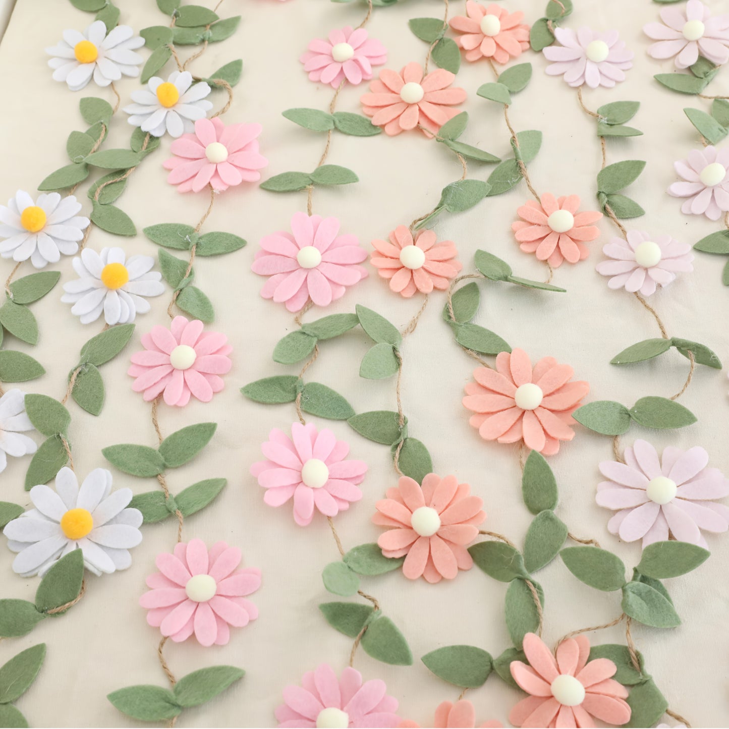 Handcrafted Bohemian Flower Garland - Pastel Pink, White, Orange, Purple Daisy Decor with Green Leaves on Twine - Ideal for Spring Events, Weddings, Birthdays, Youngsters Showers - Versatile Fabric Photo Backdrop & Bedroom De