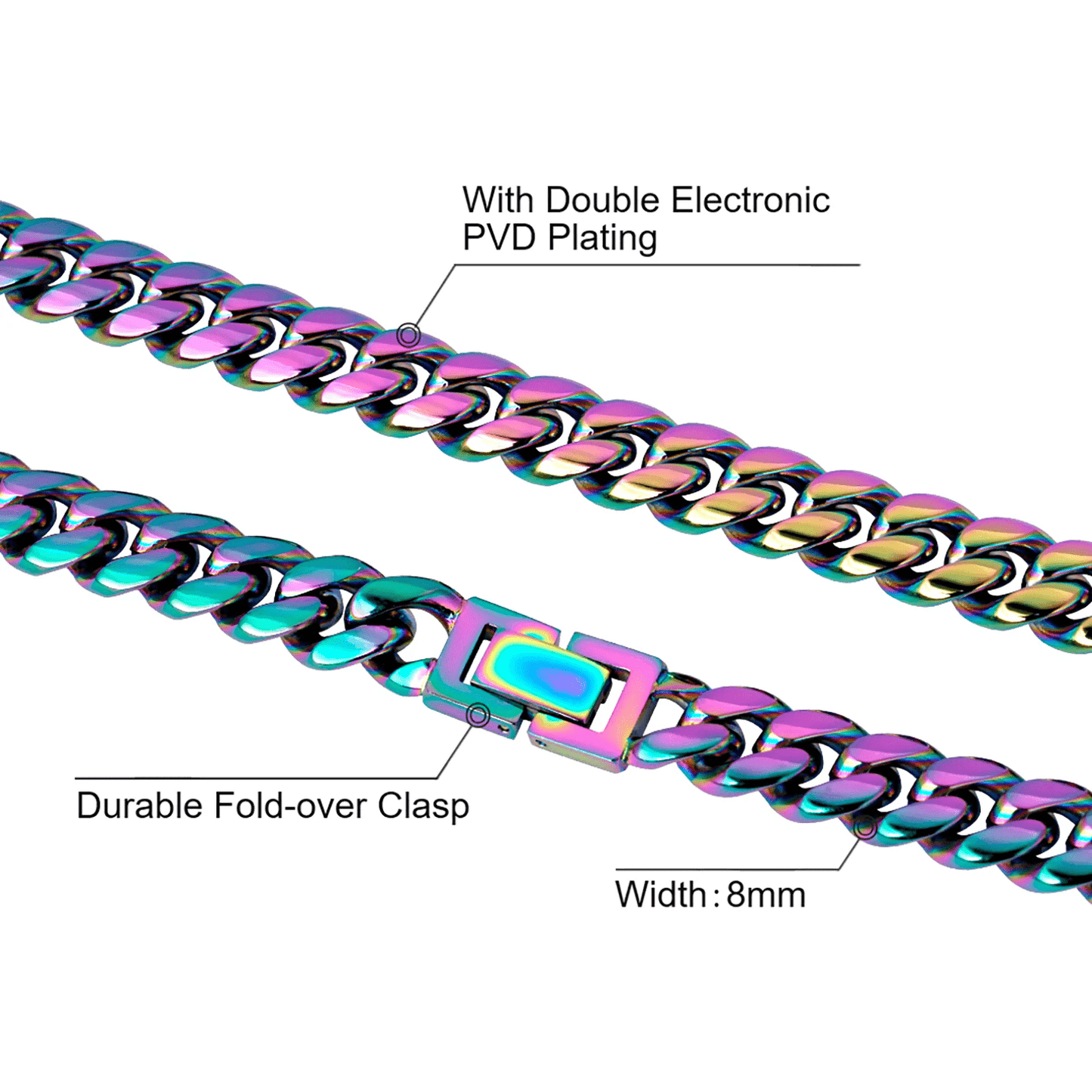 8mm Rainbow Miami Cuban Link Bracelet Necklace For Men