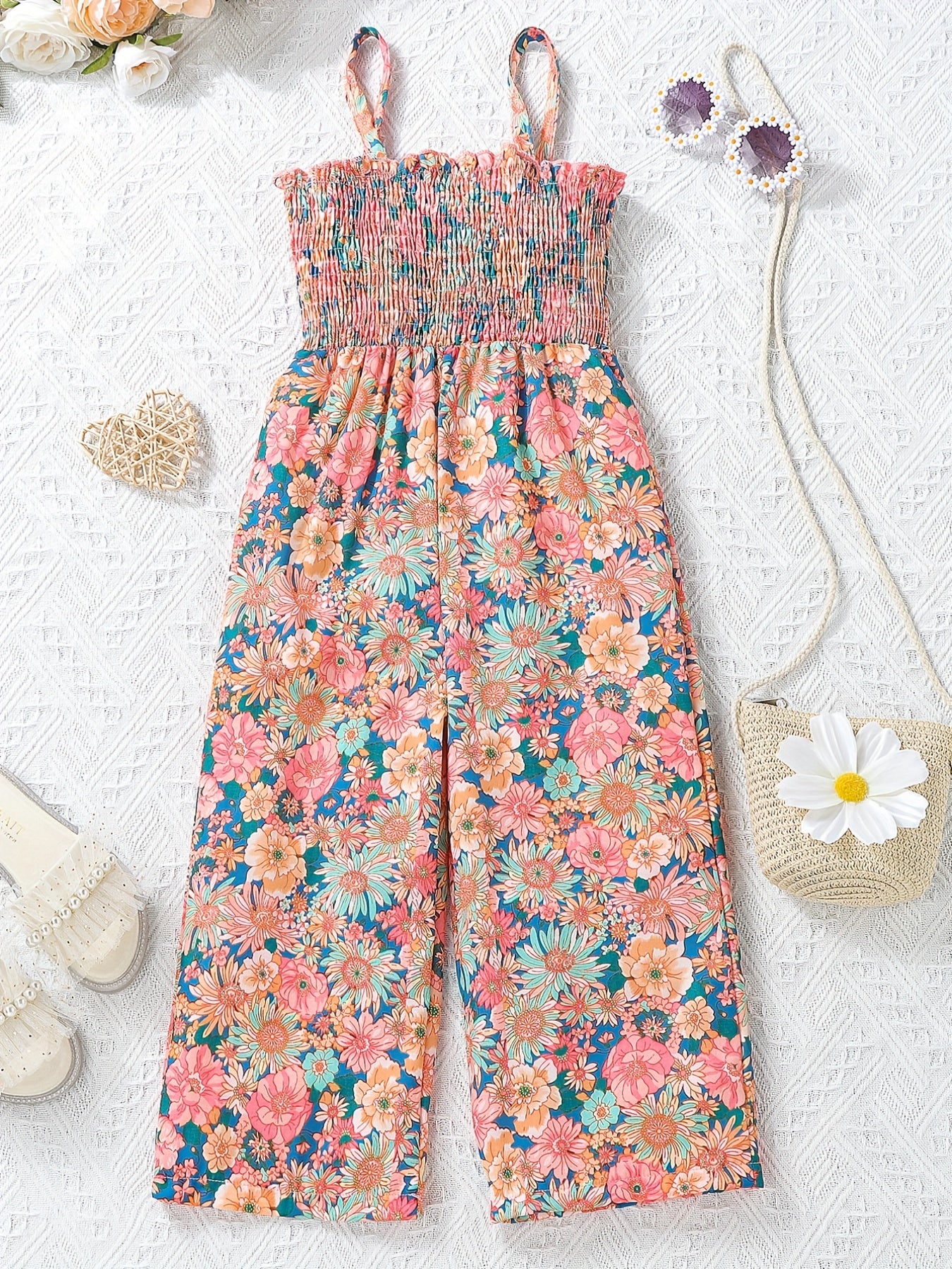 [Boho Flower Jumpsuit] Boho Flower Print Girls Shirred Cami Jumpsuit | For Going Out Party Holiday Kids Summer Clothes