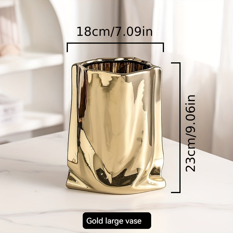 1pc Vase, High-End Light Luxury Decoration, Creative Electroplated and Silvery Ceramic Vase, Artificial Flower Decor
