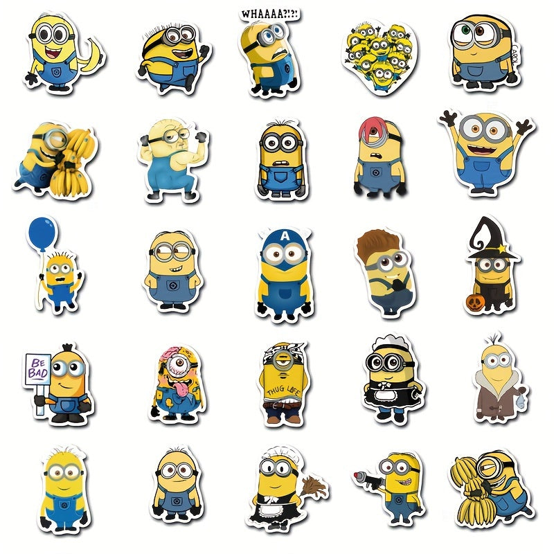 Minions 50pcs Cartoon Character Waterproof Stickers - Reflective Vinyl Decals for Luggage, Laptops, Skateboards & Water Bottles - Durable, Self-Adhesive Paper Material