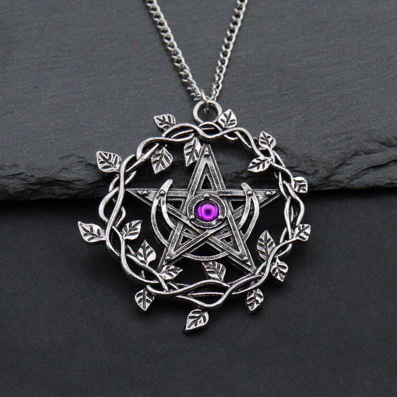Vintage Pentagram Leaf Mosaic Purple Gemstone Pendant Necklace Women Fashion Wedding Party Jewelry Gifts