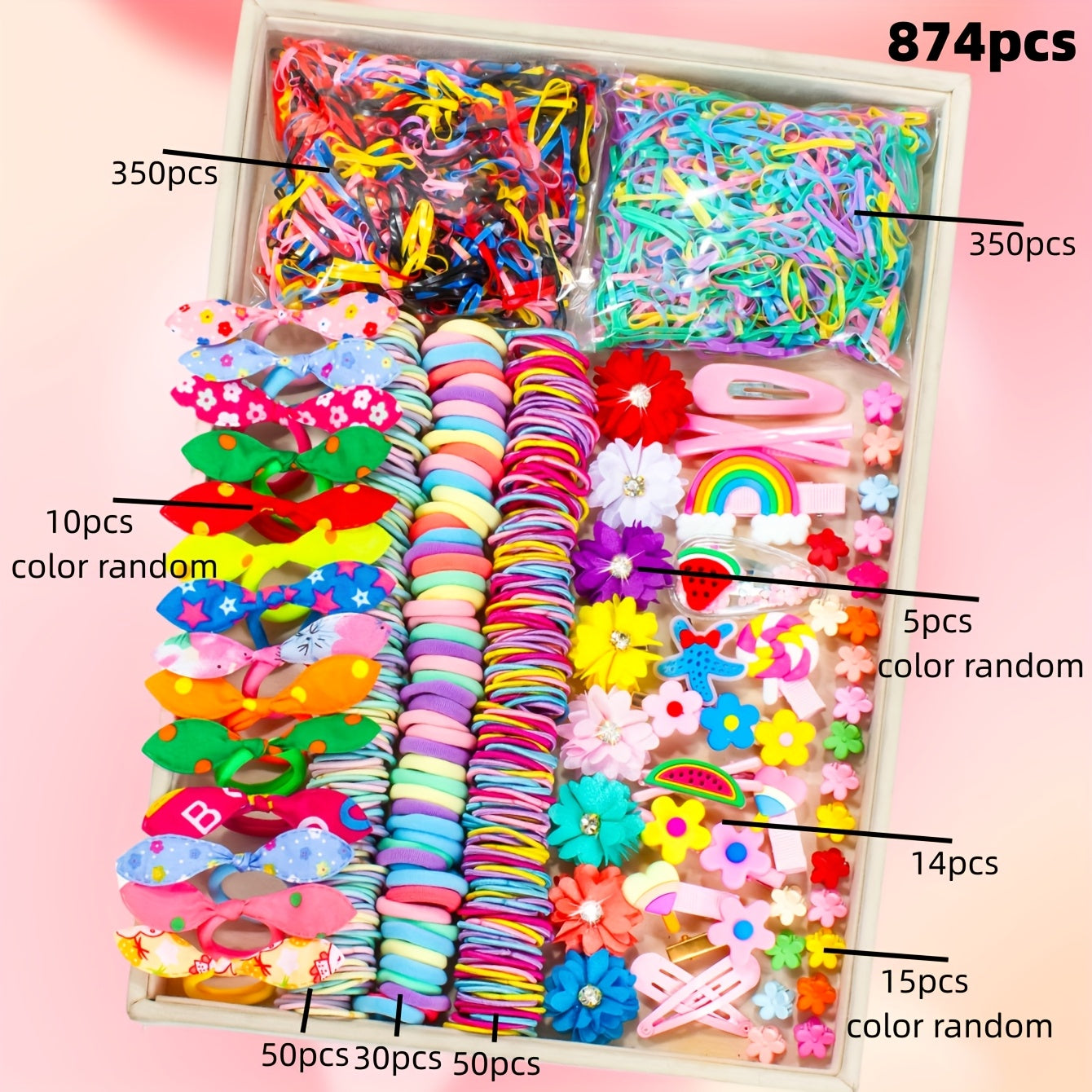 914/879/869/864/280pcs/set Kawaii Colorful Cartoon Hair Accessories Set, includes cartoon hair clips, claw clips, BB clips, rhinestone flower clips, various hair ties, scrunchies, and headbands - essential for daily cute styl