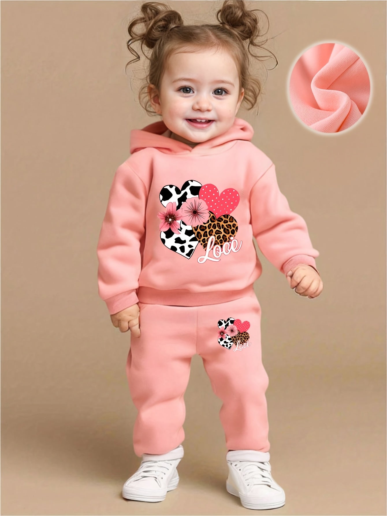 Baby Girl Love Love Flower Pattern Hoodie+Casual Pants Two Piece Set Spring and Autumn Sportswear, Perfect for Outdoor
