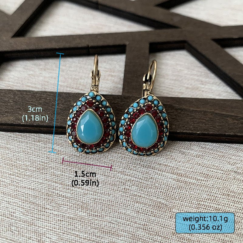 Classic Teardrop Resin Earrings for Women, Vintage Artificial Turquoise Rhinestone Hook Earrings, Gift for Loved Ones and Friends, Birthday Party Gift
