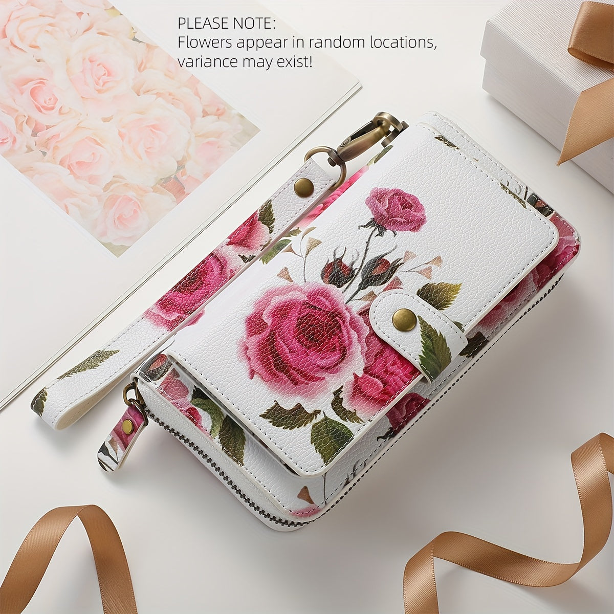 Flower Pattern PU Leather Zipper Handbag Fashion Large Capacity Long Wallet Clutch Bag Phone Bag Multi-card Card Holder Coin Purse Wallet