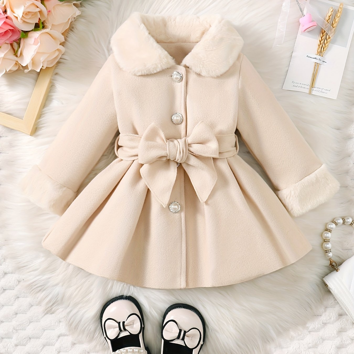 Fashionable And Versatile Coat for Baby Girls in Autumn And Winter, a Perfect Mother'S Day Gift. Adorable Plush Coat with a Bow And Collar, Designed for a Sweet Princess Look. Soft And Comfortable Outerwear to Keep Baby Warm