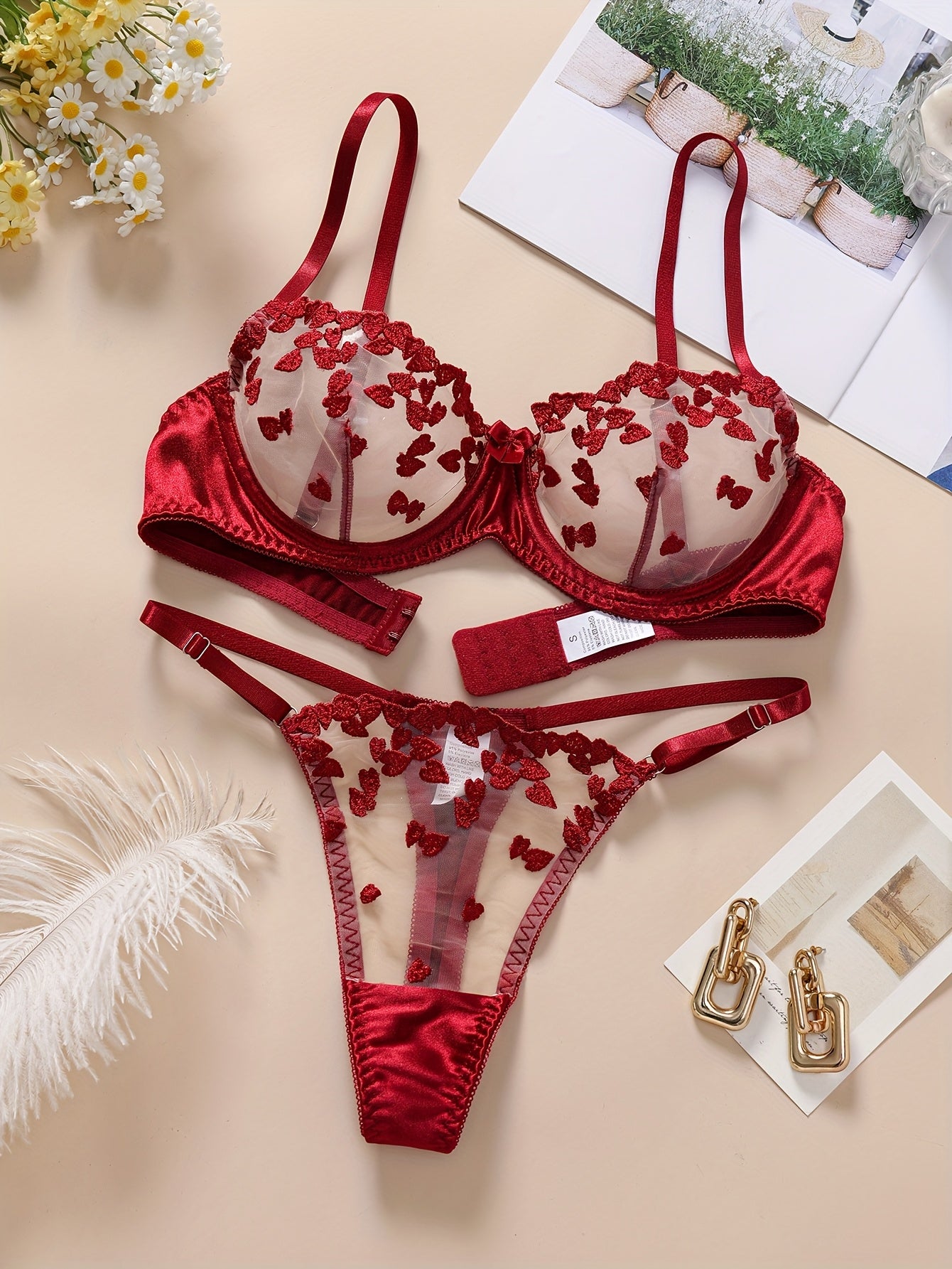 Valentine's Day Sexy Women's Semi-Transparent Embroidered Flower Underwear Set with Steel Ring