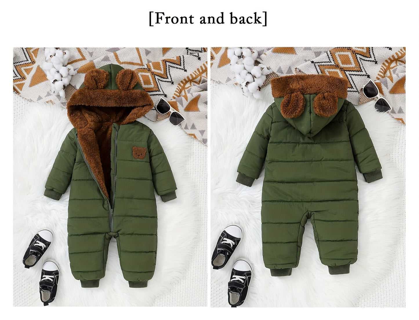 Baby Boy Winter Jumpsuit, Soft Plush Onesie with Hood, Warm Outfit Easy Diaper Change Loose Fit, Newborn Clothing for Infant & Toddler, Perfect for Cold Weather Outdoor & Photoshoots