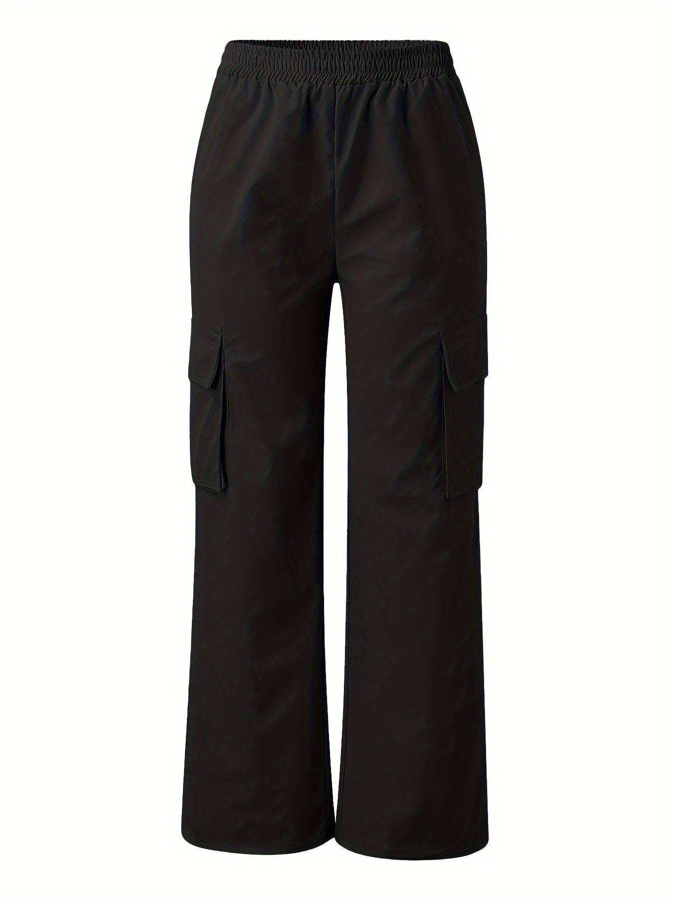 Solid Color Flap Pockets Straight Legs Trouser, High Waist Casual Wide Legs Cargo Pants, Women's Sweatpants