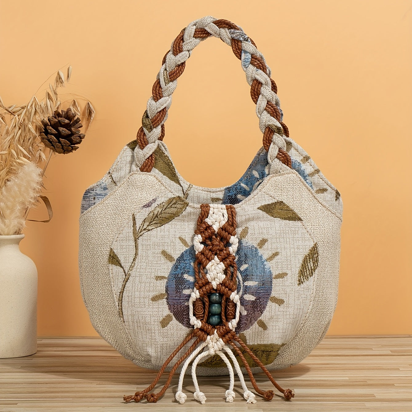 Foldable Zipper Closure Bohemian Style Handmade Flower Tote Bag - Fixed Shoulder Strap, with Wristlet, for Vacation