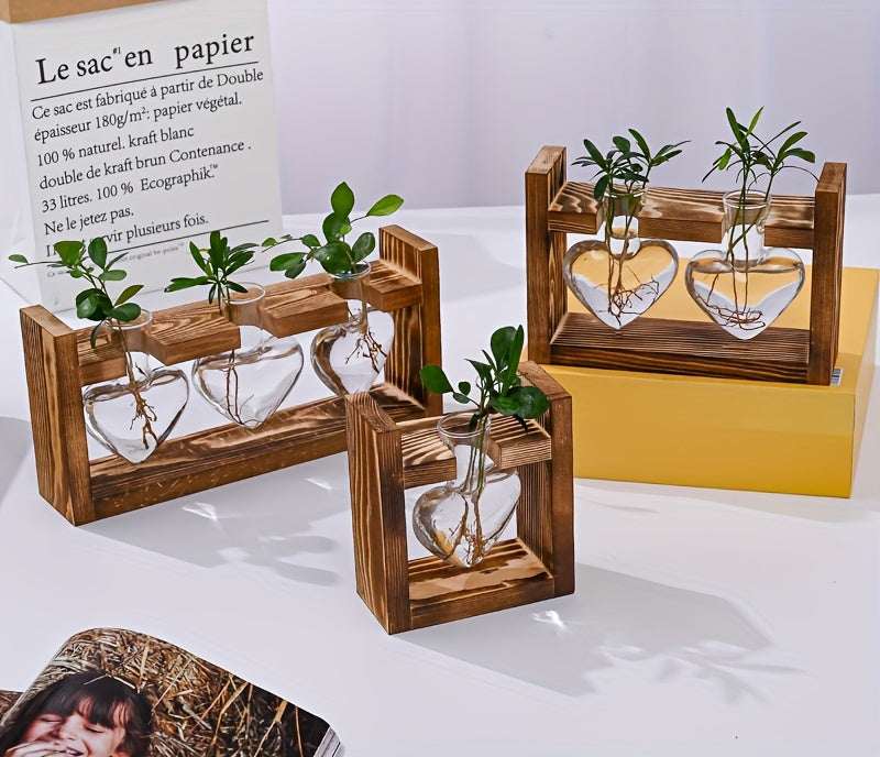 Hydroponic Plant Terrarium Love Heart Vase With Wooden Stand