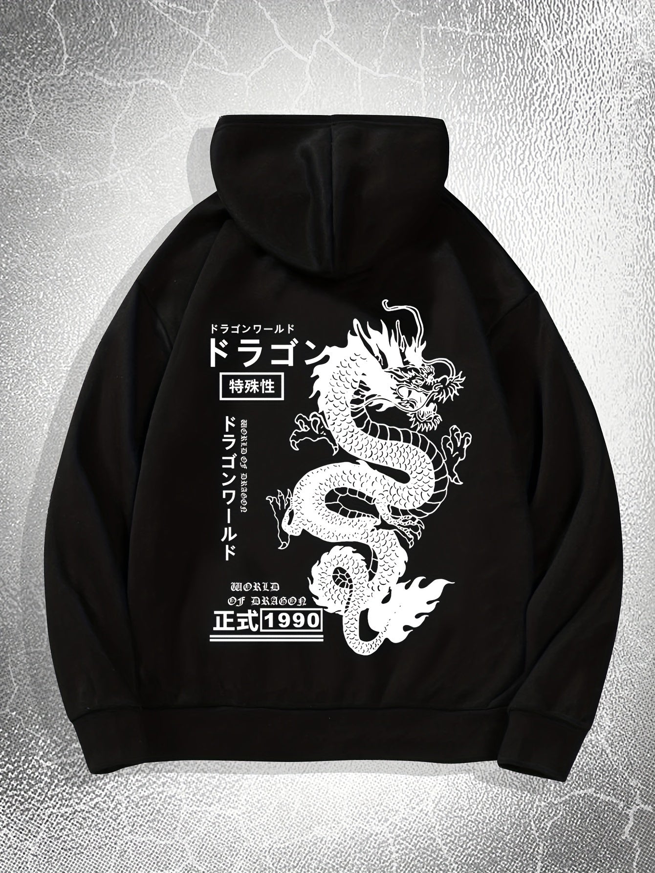 [Dragon Print Hoodie] White Polyester Dragon Print Hoodie - Casual & Trendy, Long Sleeves, Drawstring Hood - Streetwear Style