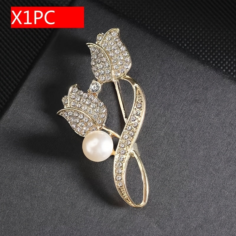 Elegant Tulip Flower Brooch Pin with Sparkling Rhinestones and Pearl Accent, Alloy Fashion Accessory for Women'S Clothing, Perfect for Daily Wear or Banquet Occasion