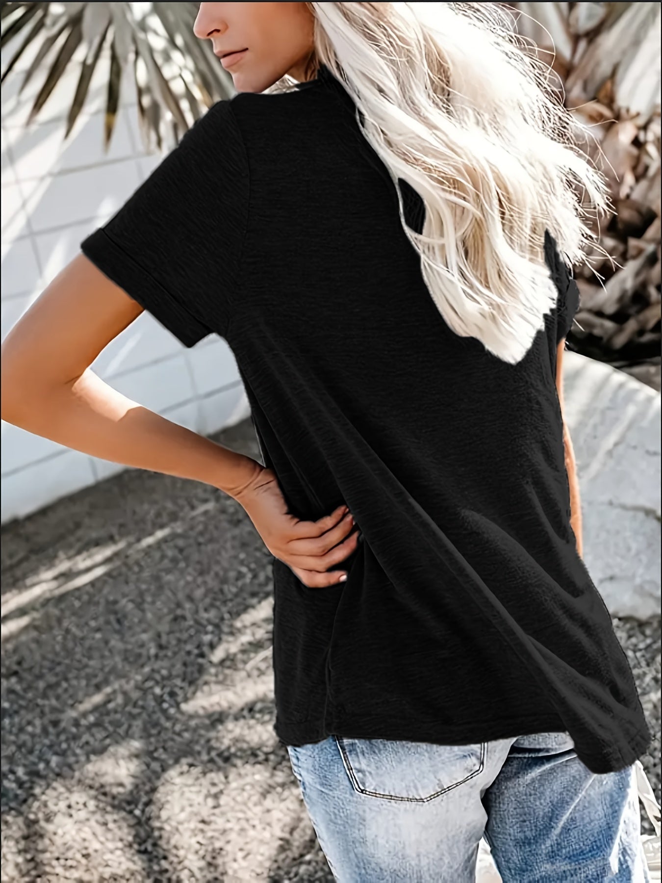 Plus Size Button Front Short Sleeve T-shirt, Women's Plus Slight Stretch Casual Tee