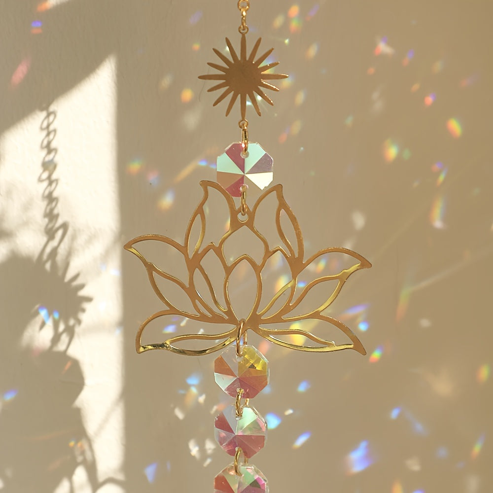 1pc Exquisite Lotus Flower Crystal Glass Suncatcher with Prism Beads, Celestial Accents, and Dazzling Refractions for Beautiful Window Decor and Sunlight Reflection