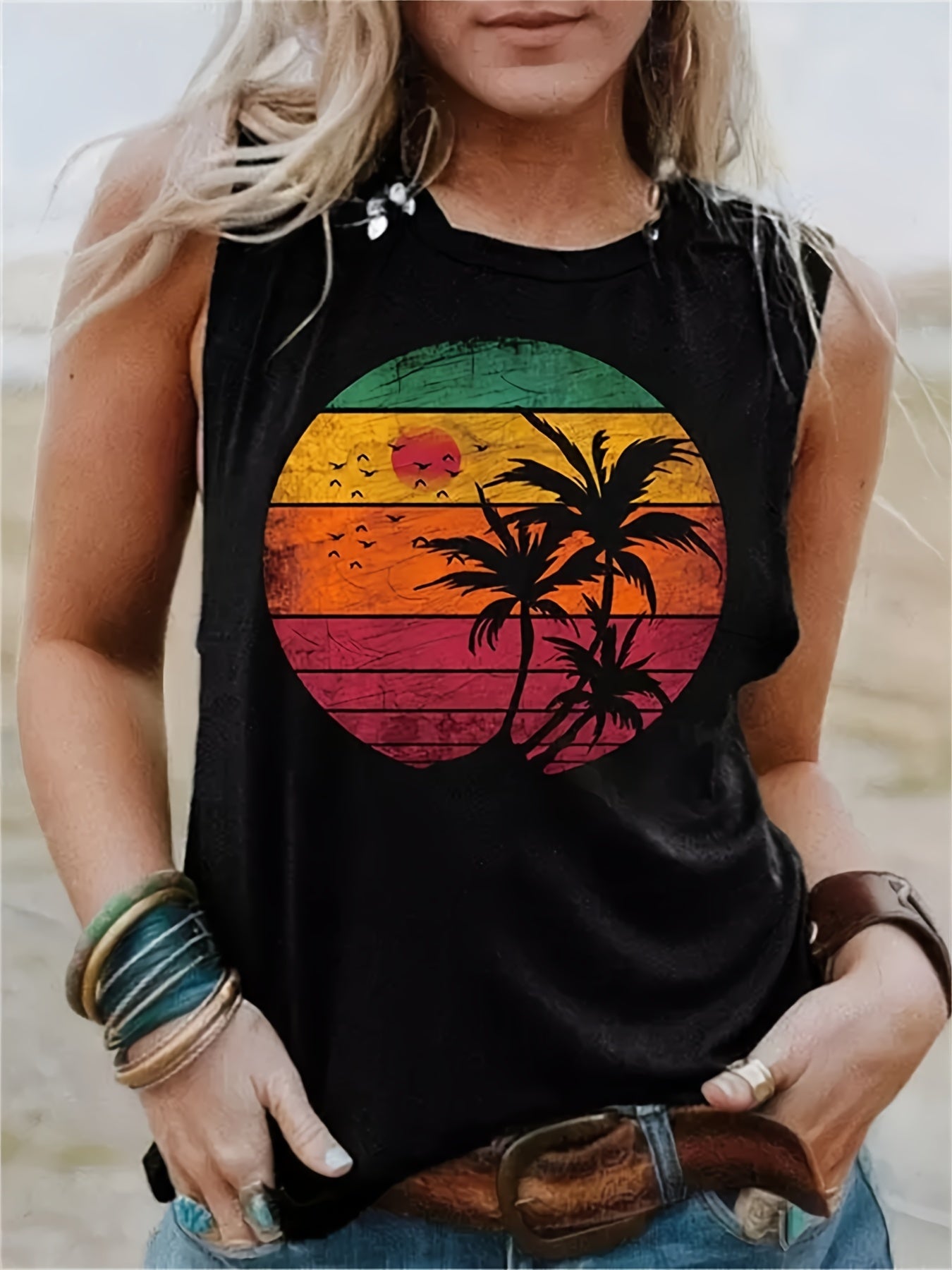 Sunset & Coconut Print Crew Neck Camisole Tank Top, Casual Sleeveless Vacation Vintage Tank Top, Women's Clothing