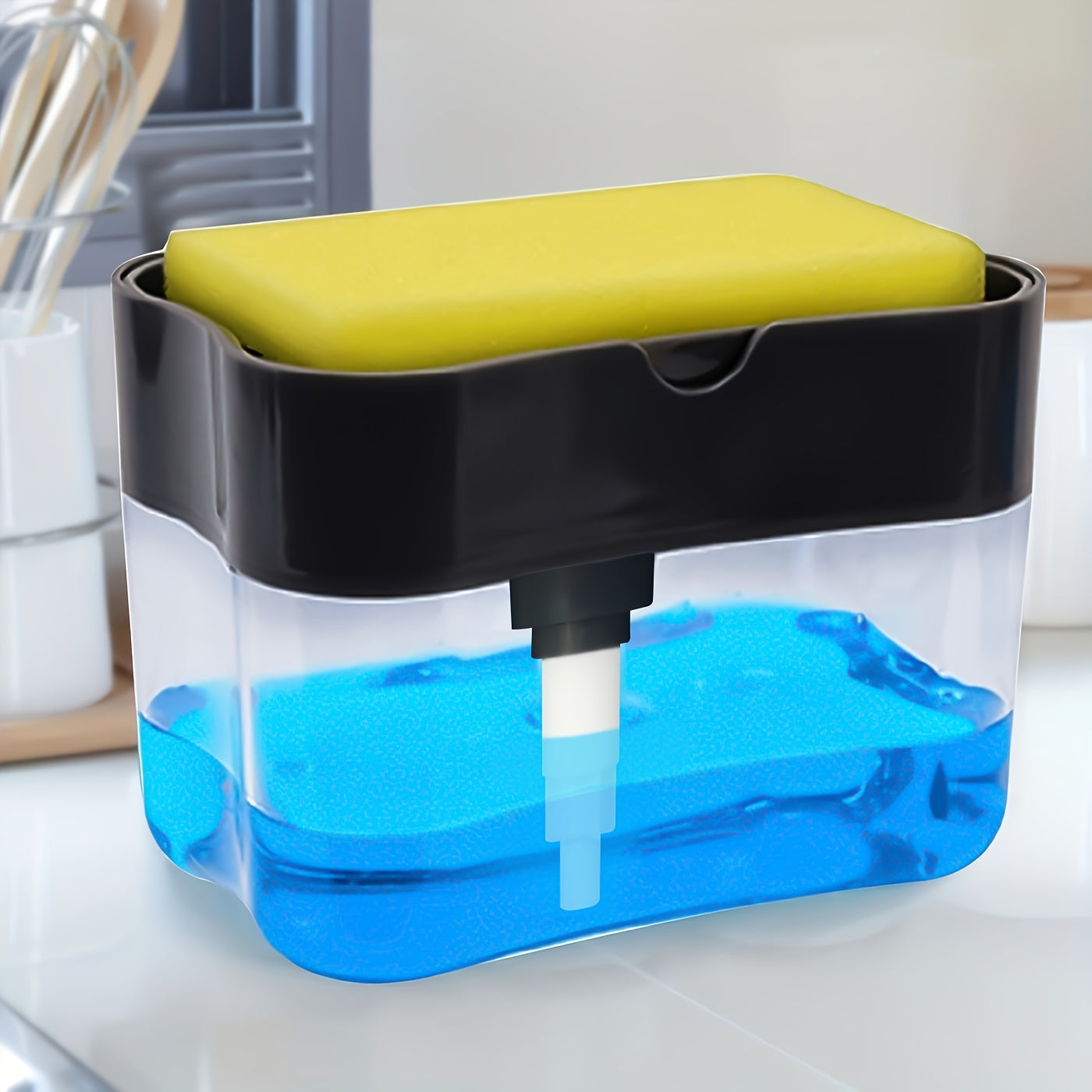 Modern Plastic Dish Soap Dispenser with Sponge Holder, Lightweight Square Kitchen Sink Accessory, Space-Themed Solid Colour Design, Hand Wash Only