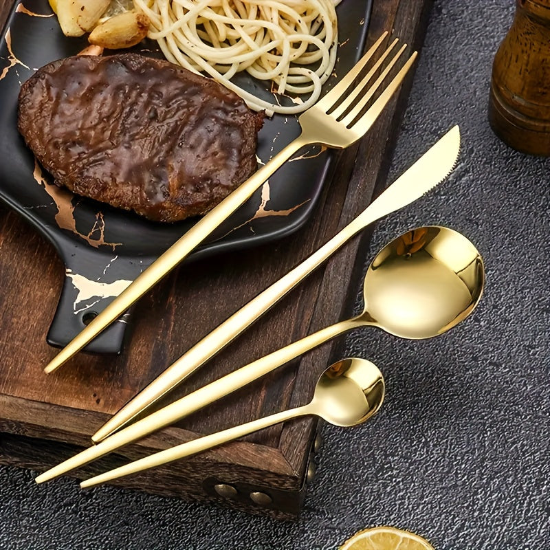 24-Piece Stainless Steel Portuguese Cutlery Set - Golden Western Steak Knife, Fork, and Spoon for Family Restaurant, Dishwasher Safe, Eid Al-Adha Gift - Durable Tabletop Serveware for Food Service Equipment & Supplies