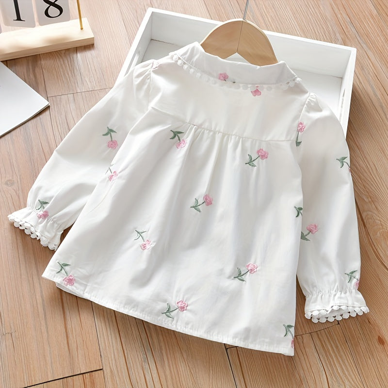 Adorable Girls Delicate Ruffle Flower Embroidered Shirt - Stylish Button Front for Spring & Fall Parties - Versatile Wardrobe Essential