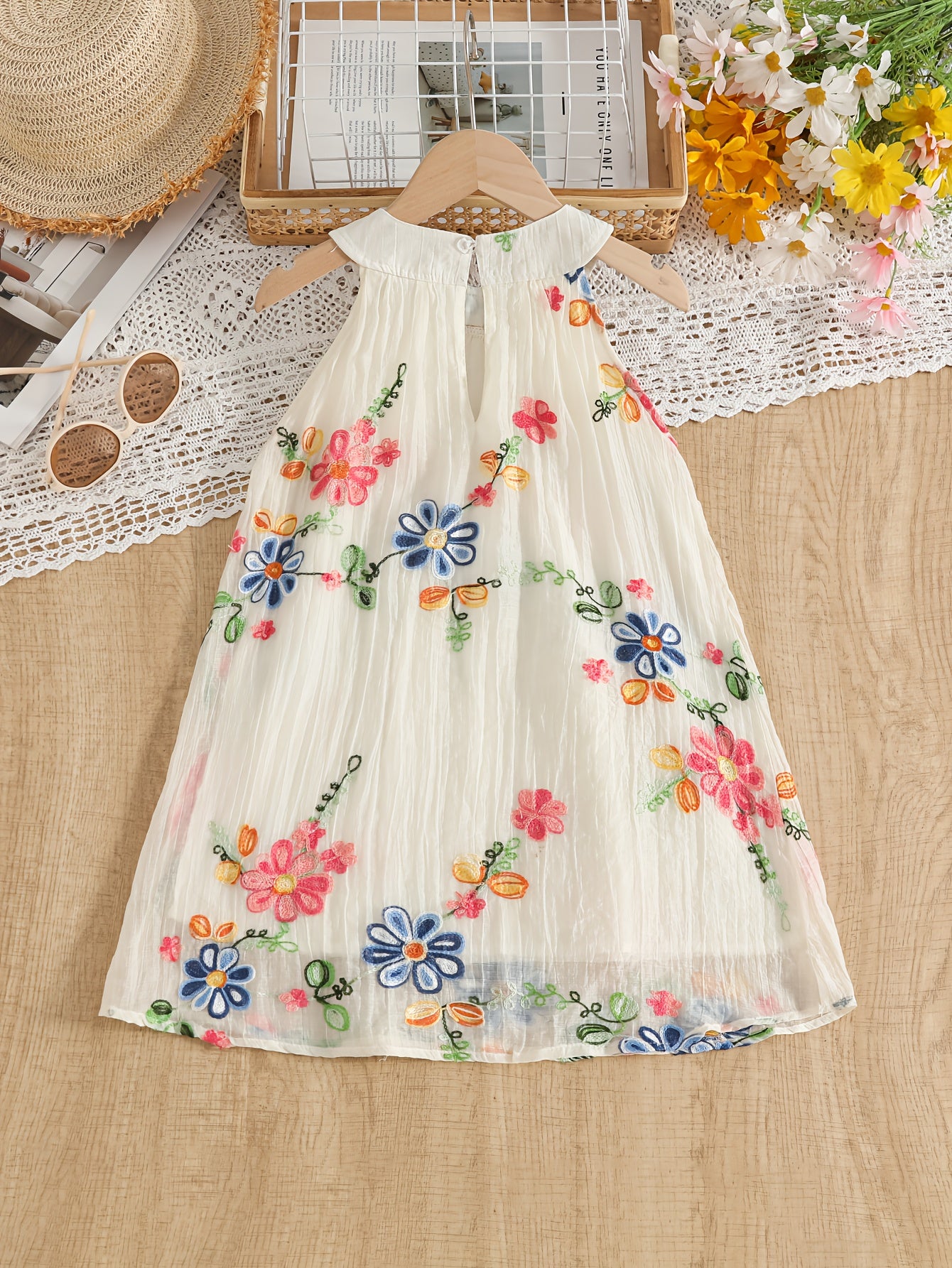 Summer New Bohemian Style Flower Embroidery Mesh Overlay Dress | Sleeveless, Non-Stretch Fabric, Flared Hem, Round Halter Neck, Ideal for Casual and Travel Vacation, Little Thin Princess Dress