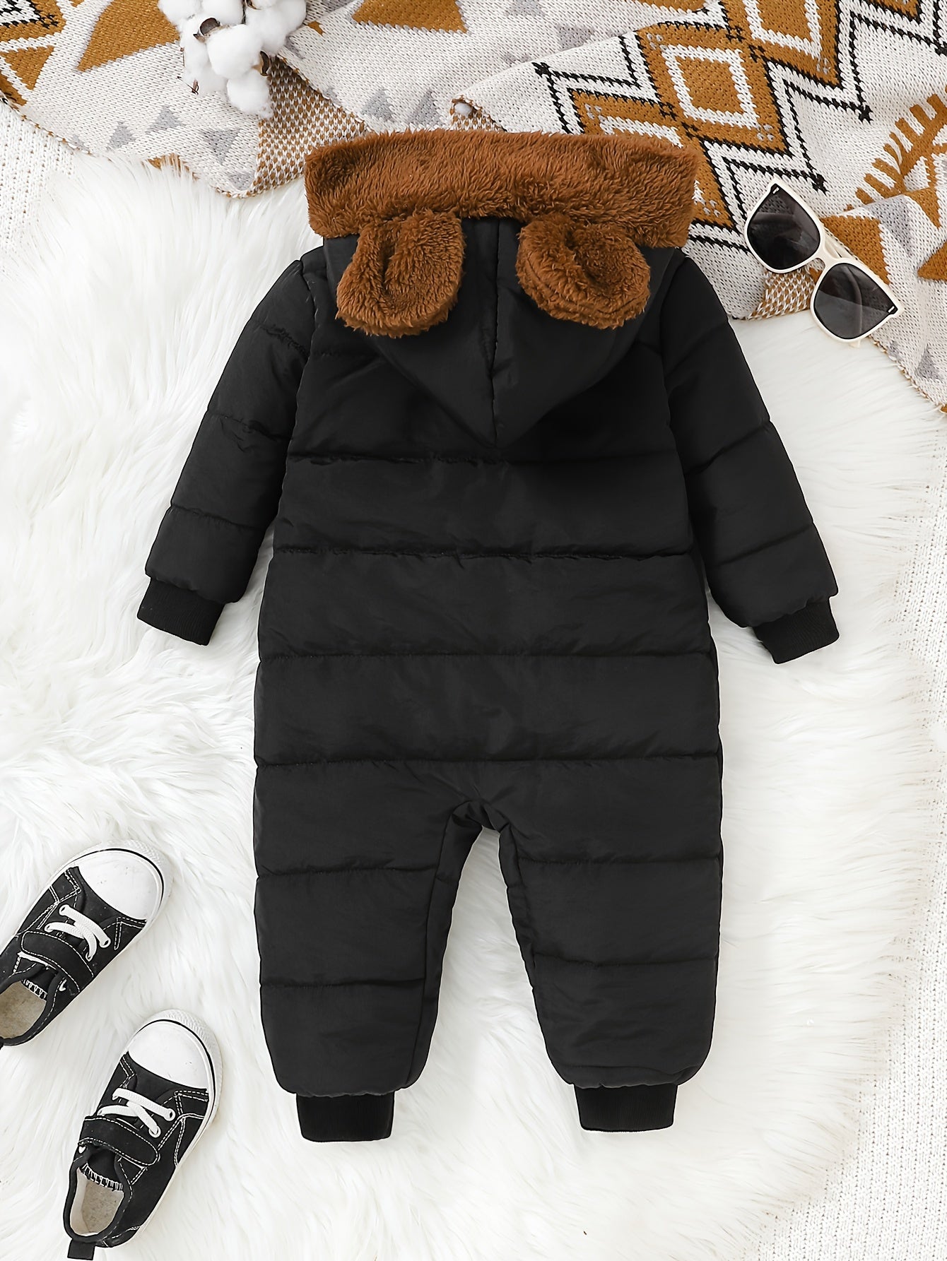 Baby Boy Winter Jumpsuit, Soft Plush Onesie with Hood, Warm Outfit Easy Diaper Change Loose Fit, Newborn Clothing for Infant & Toddler, Perfect for Cold Weather Outdoor & Photoshoots