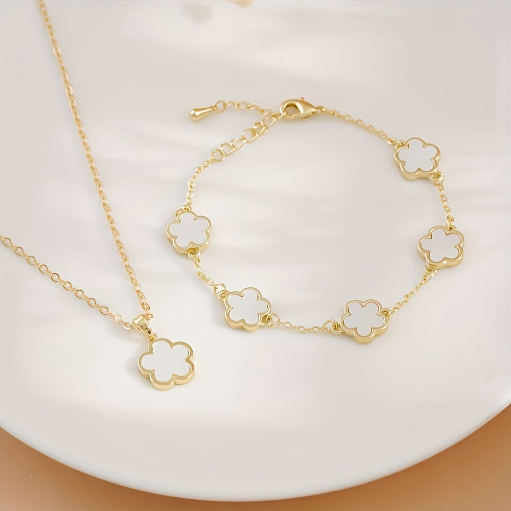 2pcs Necklace + Bracelet Voguish Jewelry Set Lucky Flower Design Multi Colors For U To Choose Match Daily Outfits Party Accessories