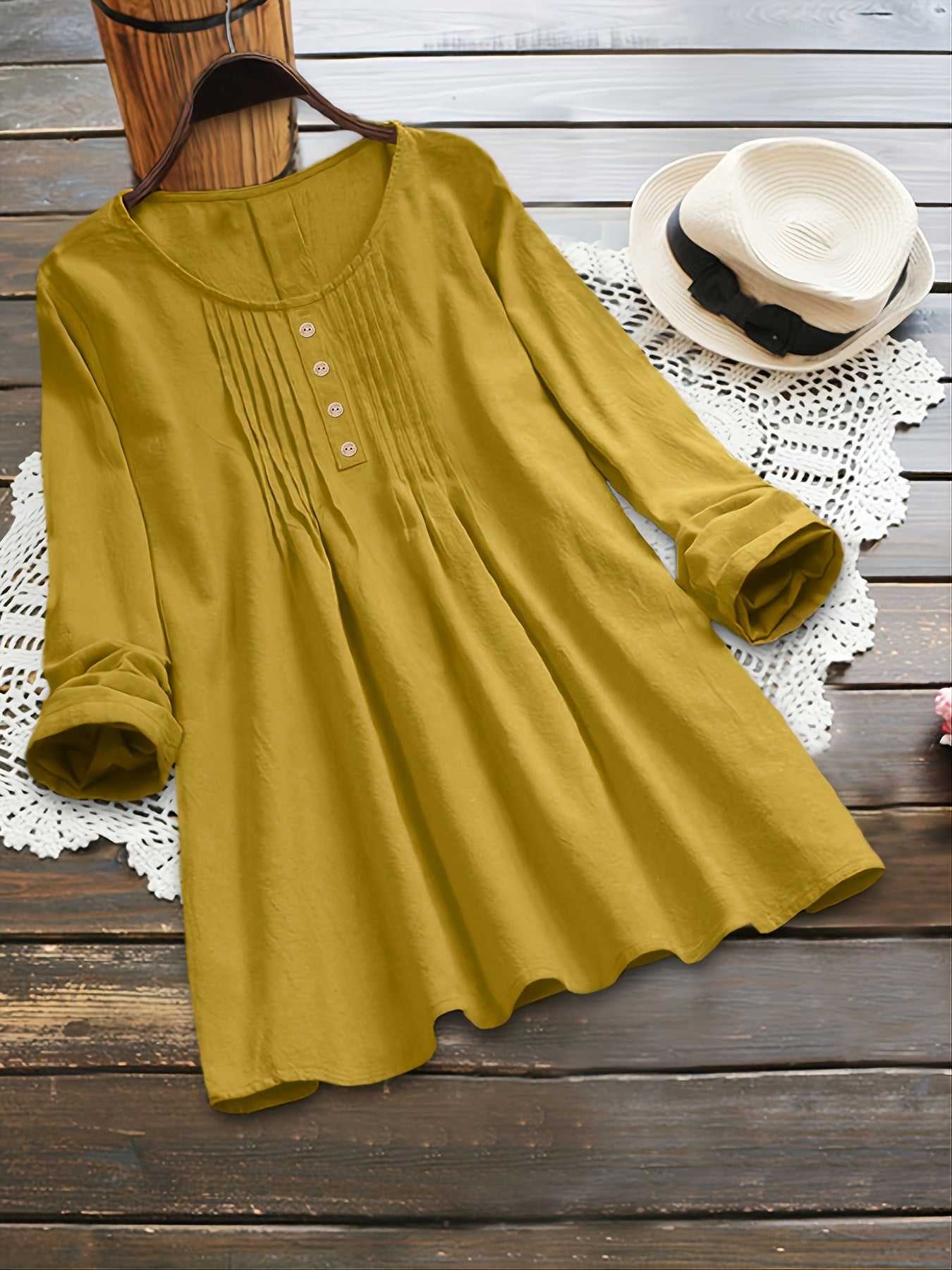 Plus Size - Plus Size Women'S Long Sleeve Loose Fit Round Neck Blouse - Light Green Pleated Casual Shirt with Button Details, Non-Stretch Fabric, Perfect for Spring/Fall, Ladies Blouses