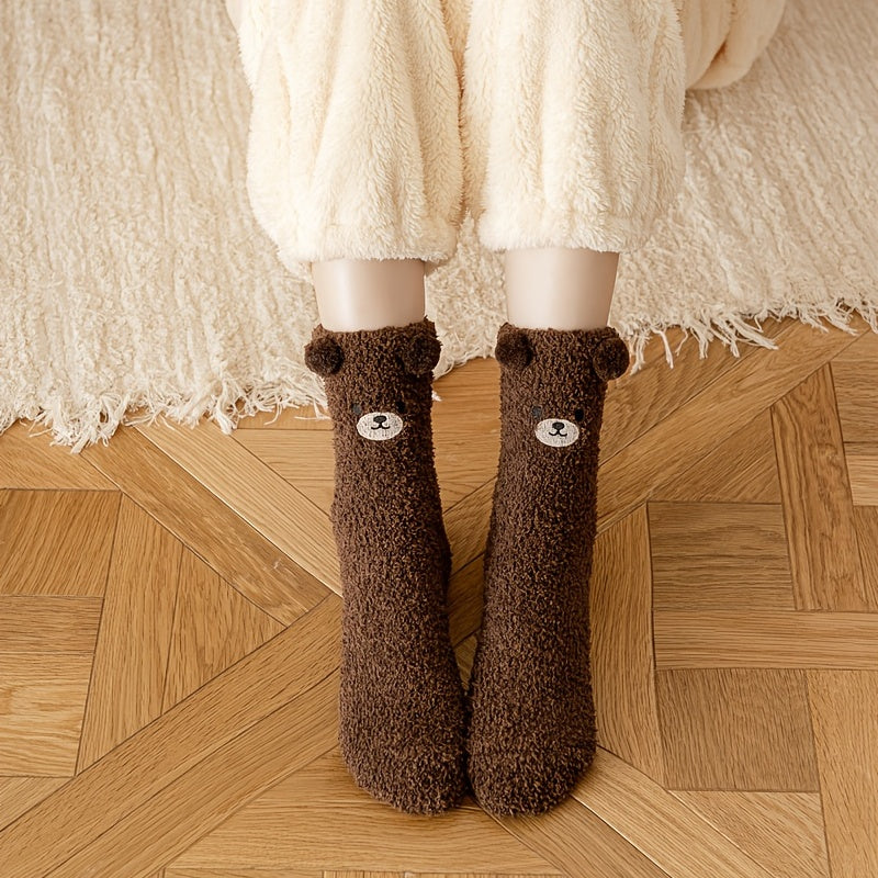 1 Pair Women'S Cute Non-Shedding Coral Fleece Warm Socks | Autumn-Winter Collection, Solid Color, Fabric