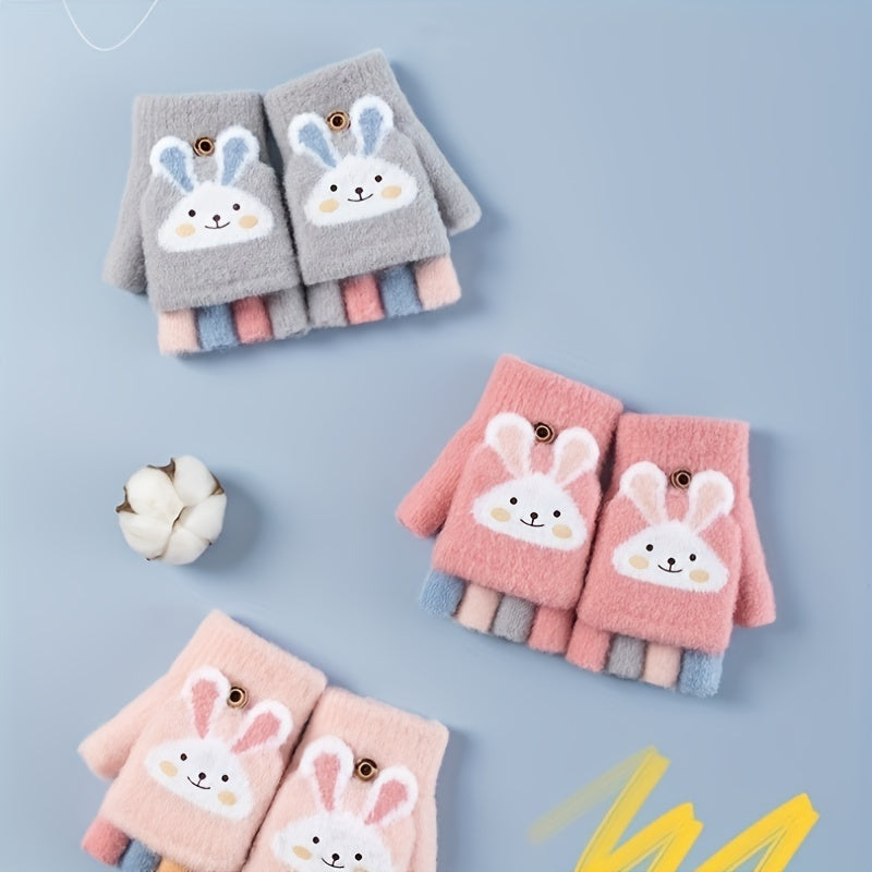 1 Pair Of Children's Gloves, Winter Five Finger Baby Thickened Half Finger Girl Knitted Cartoon Warm Flip Gloves