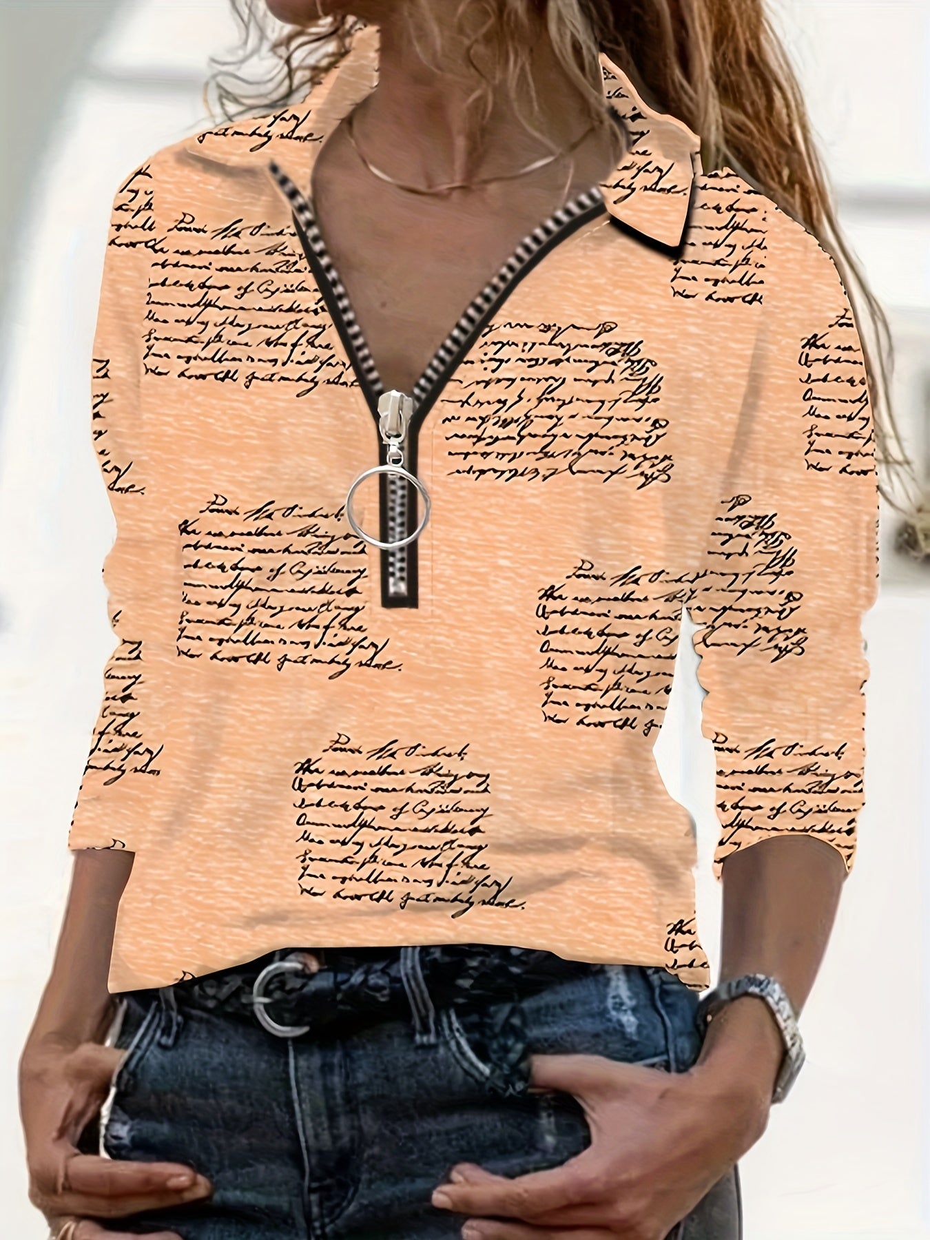 Graphic Print Zipper Polo Shirts, Casual Loose Long Sleeve Polo Shirts Tops For Spring & Summer, Women's Clothing