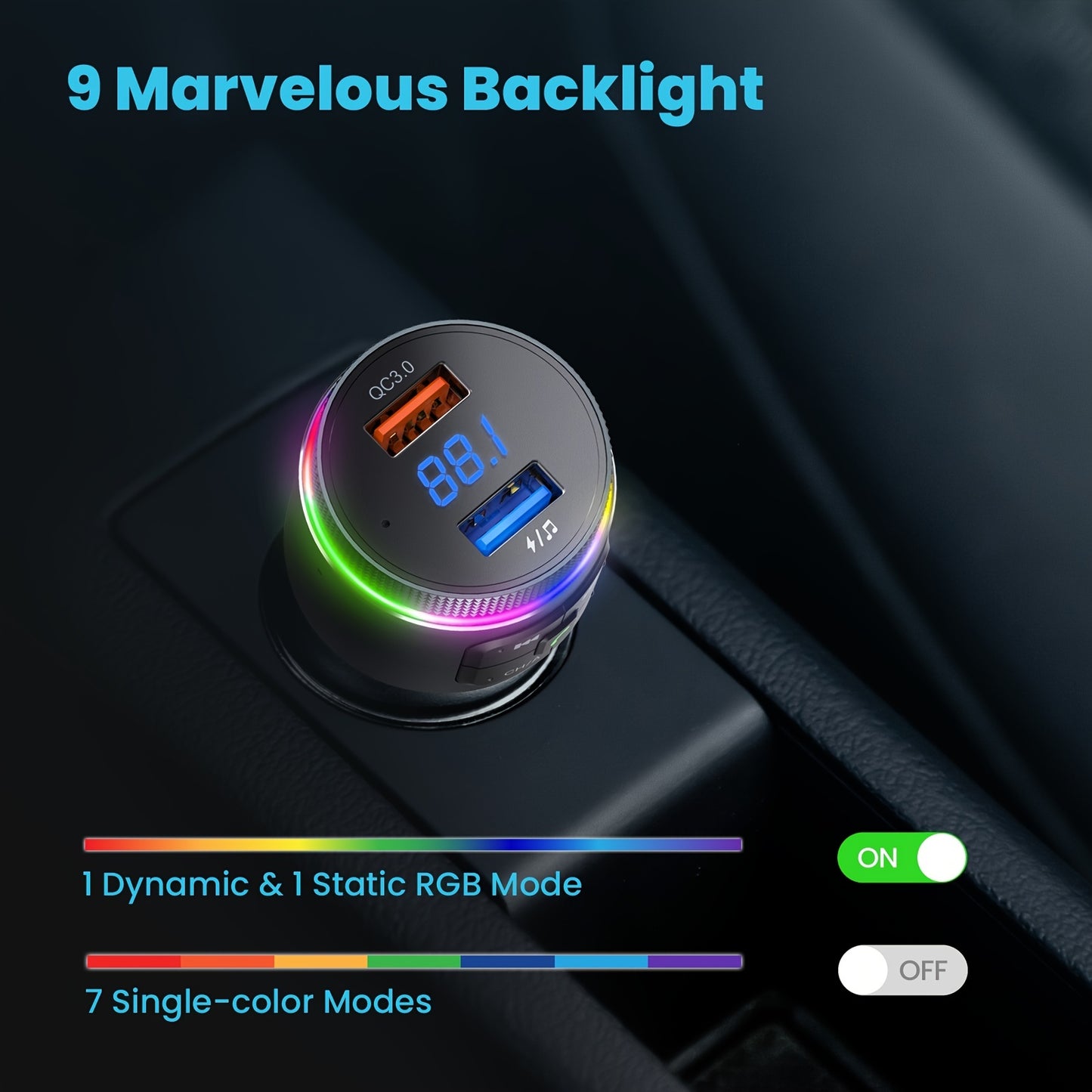 Upgraded V5.0 FM Wireless Transmitter Car, QC3.0 & LED Backlit Wireless FM Radio Adapter Music Player/Car Kit With Hands-Free Calls