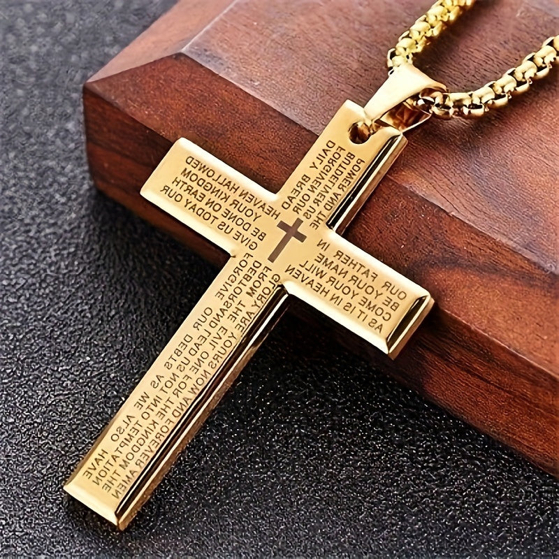 1pc European and American trendy new religious engraved cross necklace, and versatile for men and women, cross pendant necklace
