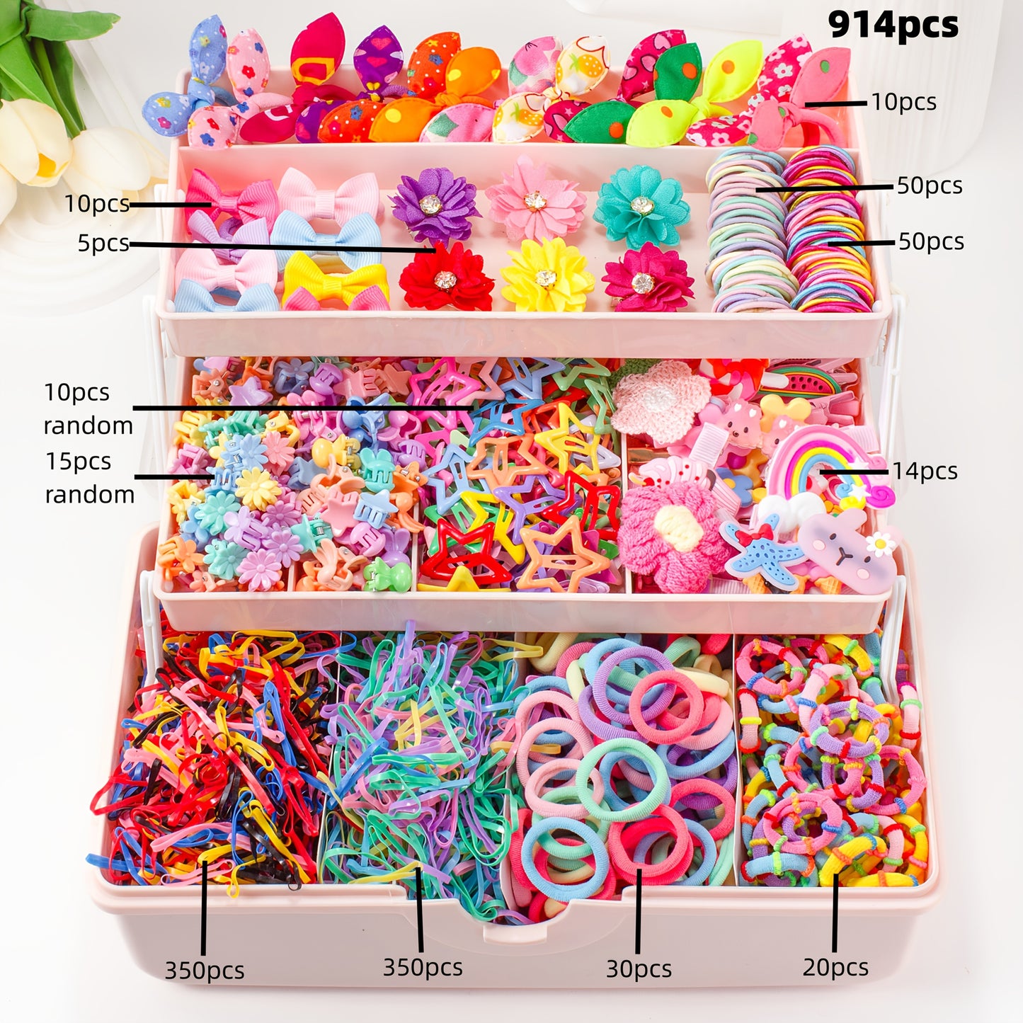 914/879/869/864/280pcs/set Kawaii Colorful Cartoon Hair Accessories Set, includes cartoon hair clips, claw clips, BB clips, rhinestone flower clips, various hair ties, scrunchies, and headbands - essential for daily cute styl