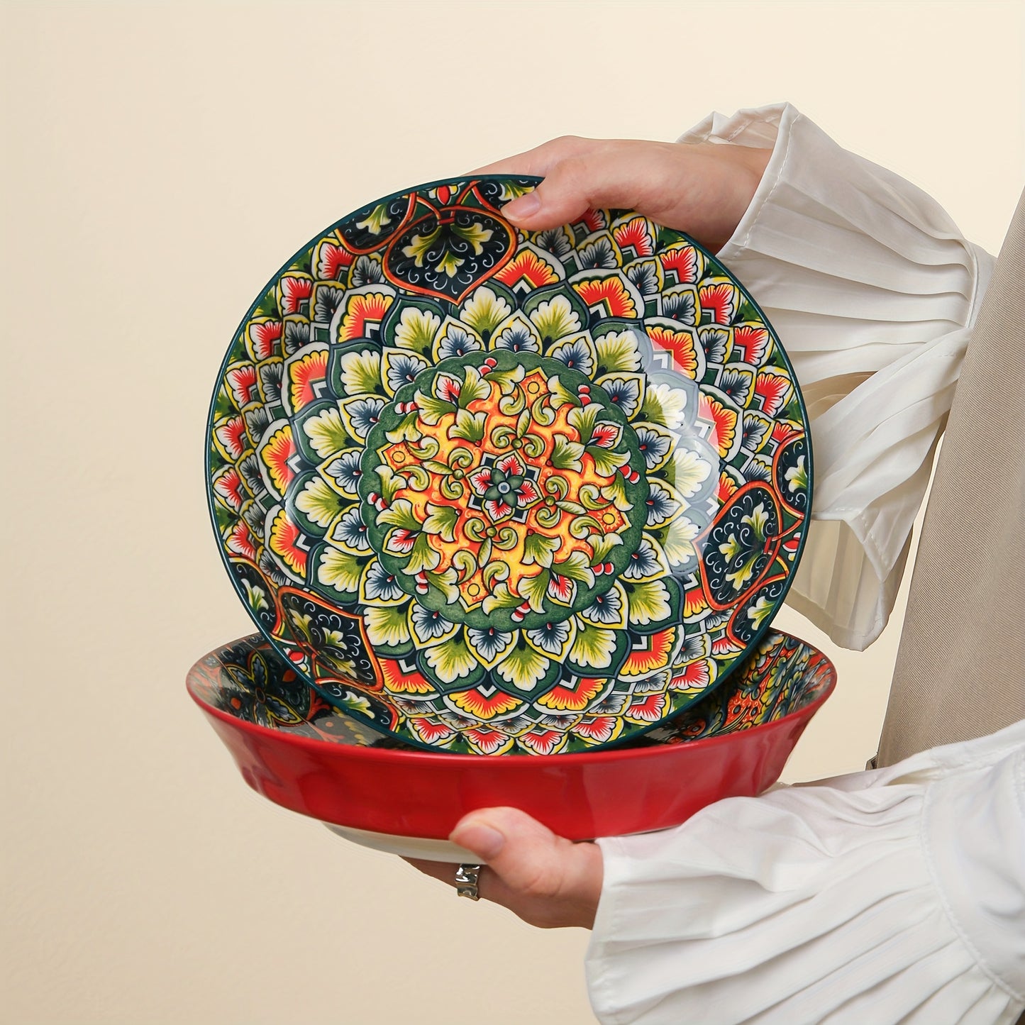 Bohemian Style Flower Themed Ceramic Dinner Plates Set of 2.54 - 20.32 cm Round Decorative All-Season Dishware for Steak, Pasta, Breakfast - Microwave Safe Ceramic Tableware for Restaurant and Home Use