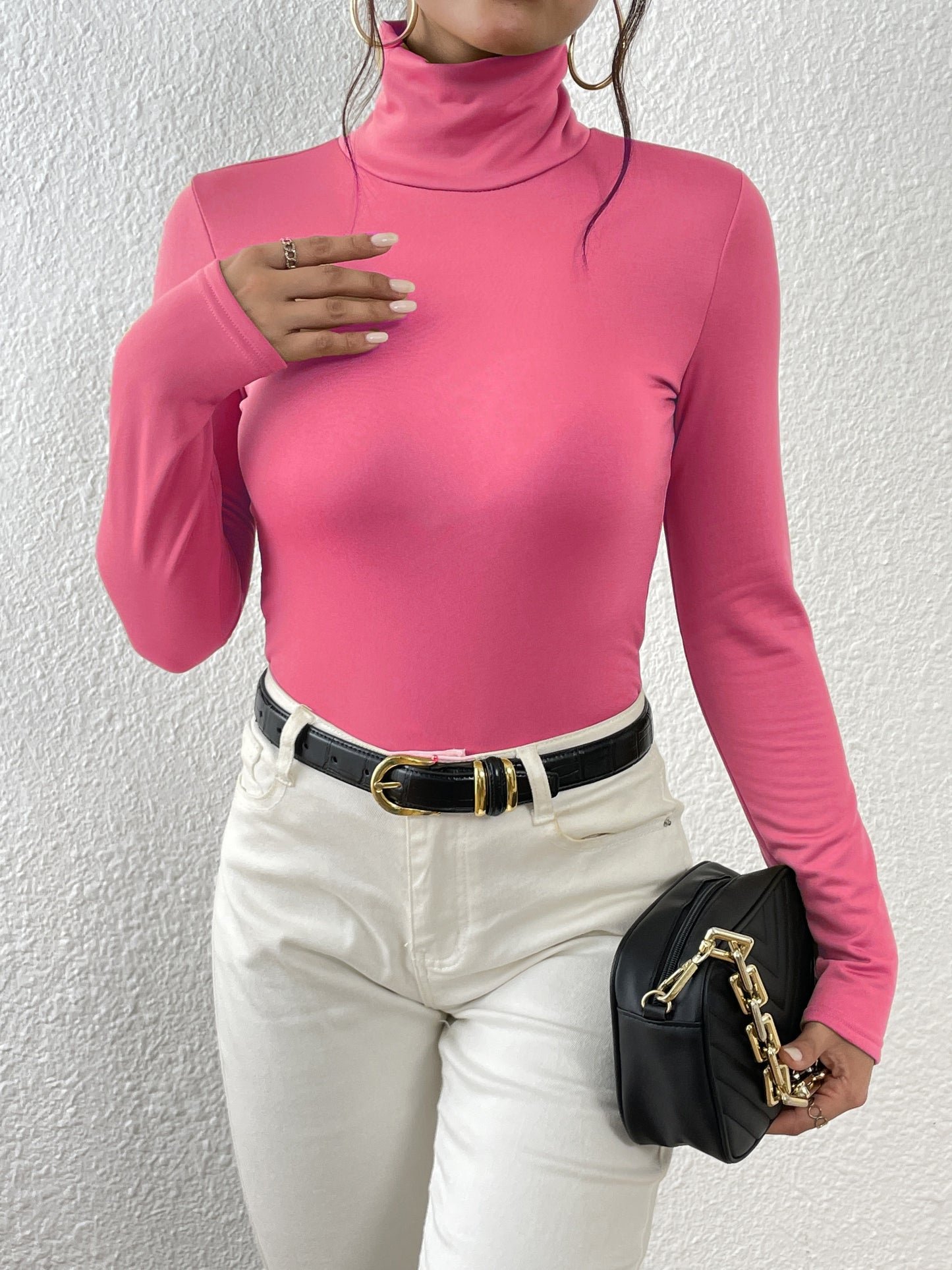 Women'S High-Neck Long Sleeve Crop Top - Stretchy Black Polyester Blend, Casual Chic Fit with Button Detail, Perfect for Fall/Winter, Casual Chic Top|Minimalist Style|Polyester Blend