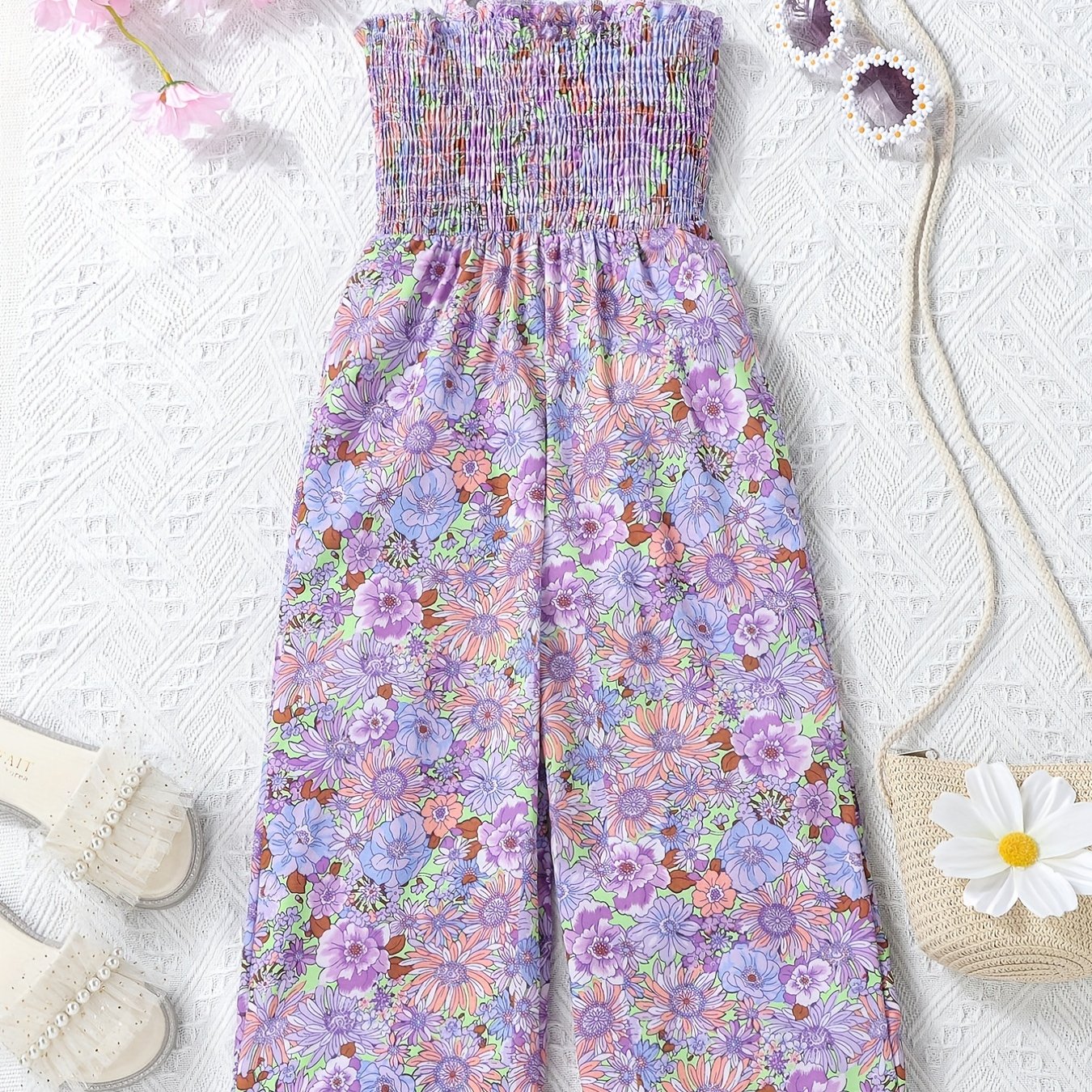 [Boho Flower Jumpsuit] Boho Flower Print Girls Shirred Cami Jumpsuit | For Going Out Party Holiday Kids Summer Clothes