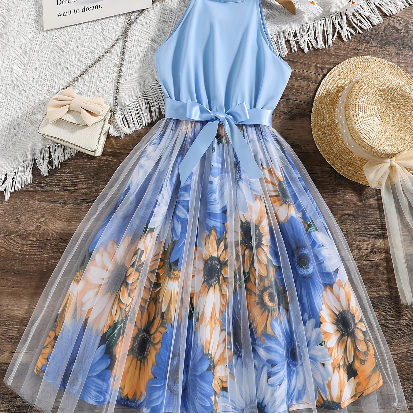 [Elegant Dress] Elegant Summer Party | Girls Splicing Flower Graphic Halter Neck Mesh Dress Tutu Dress | Gift