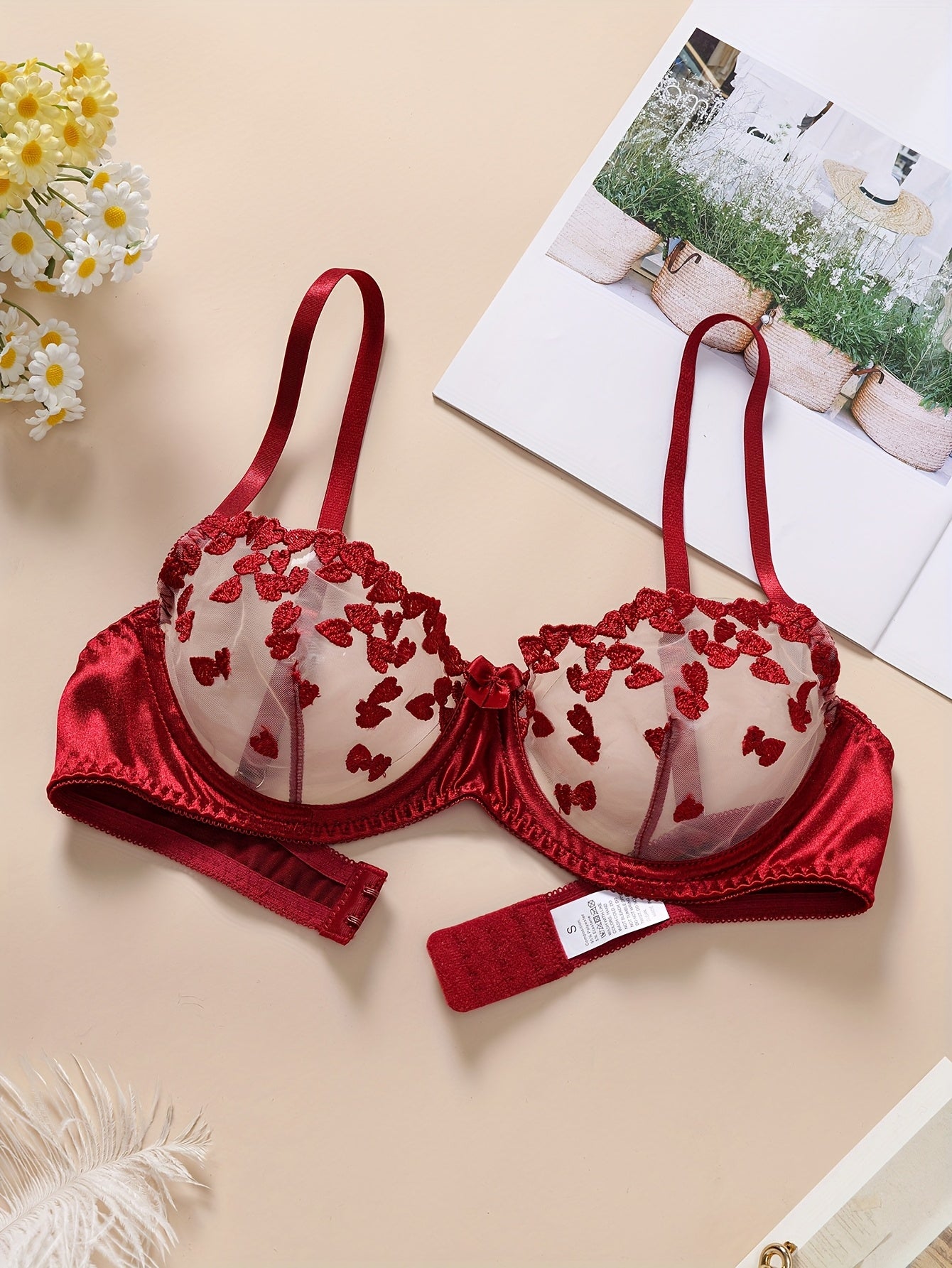 Valentine's Day Sexy Women's Semi-Transparent Embroidered Flower Underwear Set with Steel Ring