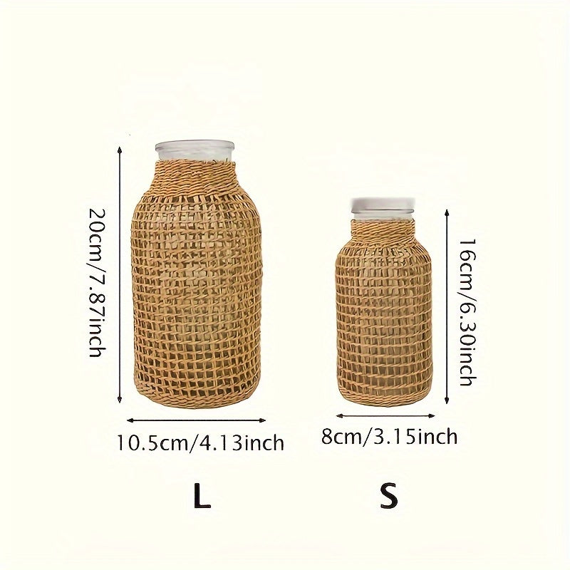 1pc Boho Glass Flower Vase With Rattan Cover, Farmhouse Flower Bud Vase, Round Decorative Flower Vase Floral Container Flower Bottle For Floral Arrangements Housewarming Party Home Decor