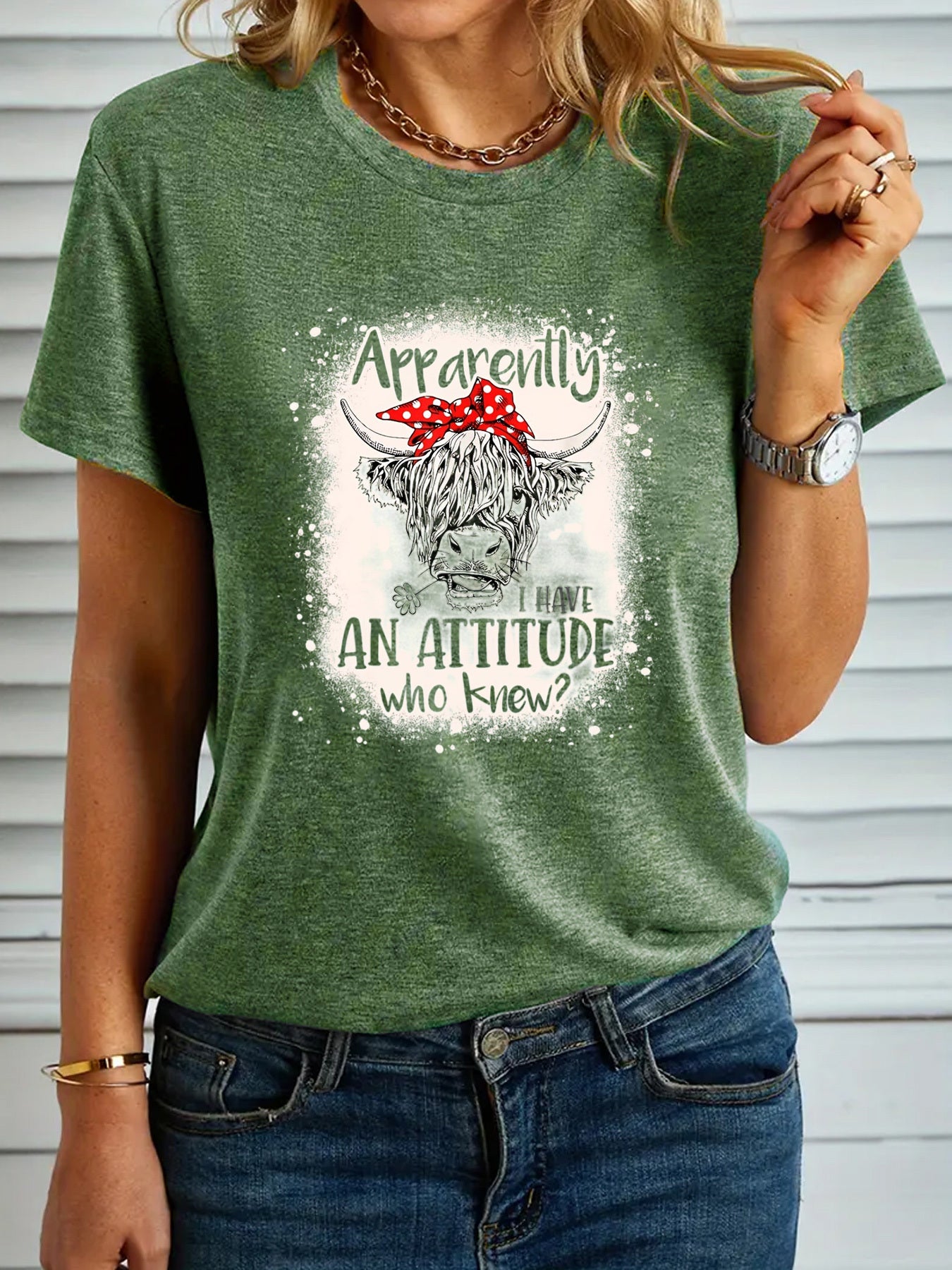 Women's Fashion T-shirt, "Apparently I Have An Attitude Who Knew" Highland Cow Pattern Casual Short Sleeve Top