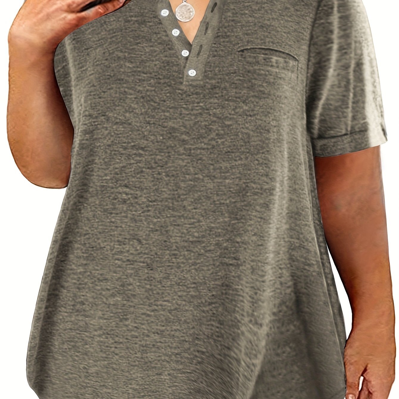 Plus Size Button Front Short Sleeve T-shirt, Women's Plus Slight Stretch Casual Tee