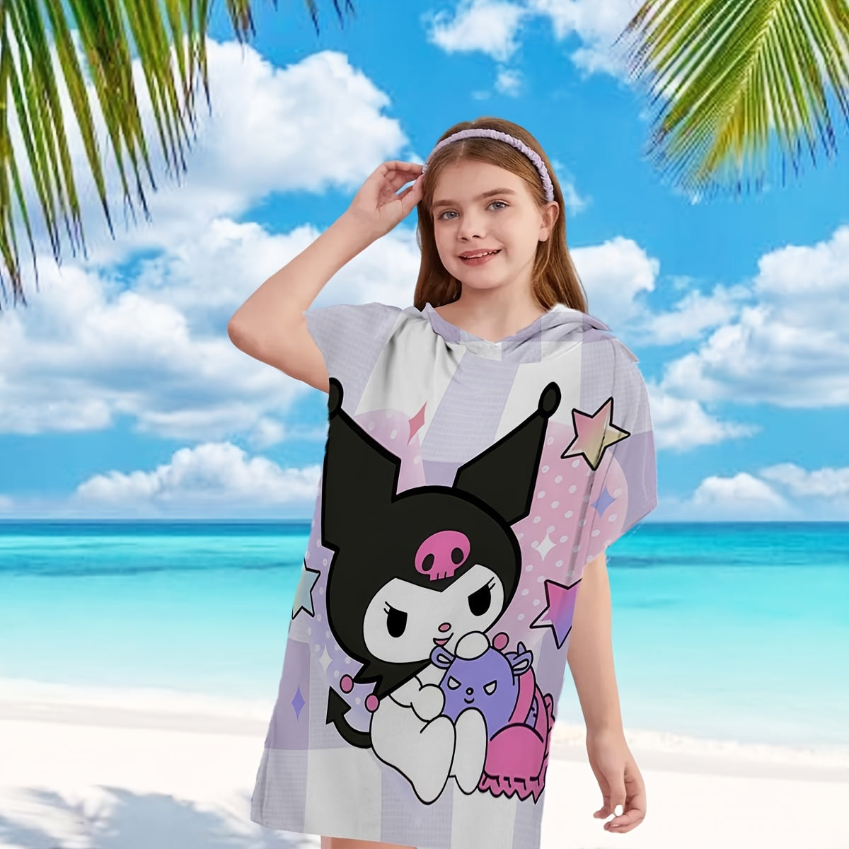 1pc Sanrio Kuromi Adult & Wearable Beach Towel with Kuromi Face Hood - Quick-Dry Microfiber Bath Robe, Cute Kuromi Print for Pool, Bath, Travel - Officially Inspired Sanrio Character Outfit