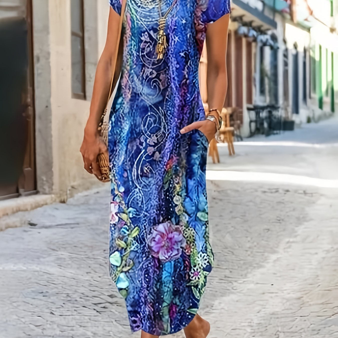Vibrant Butterfly Print Fitted Crew Neck Pocket Dress - Soft Micro Elasticity Polyester Fabric, Random Printing, Vacation Style for Summer - Womens Casual Every Day Wear
