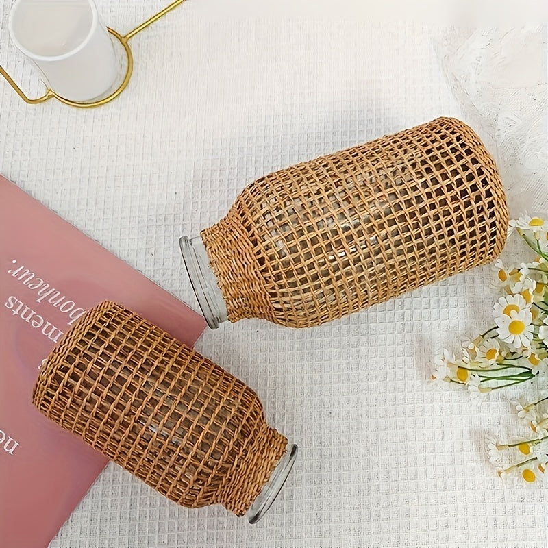 1pc Boho Glass Flower Vase With Rattan Cover, Farmhouse Flower Bud Vase, Round Decorative Flower Vase Floral Container Flower Bottle For Floral Arrangements Housewarming Party Home Decor