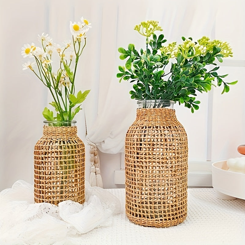 1pc Boho Glass Flower Vase With Rattan Cover, Farmhouse Flower Bud Vase, Round Decorative Flower Vase Floral Container Flower Bottle For Floral Arrangements Housewarming Party Home Decor