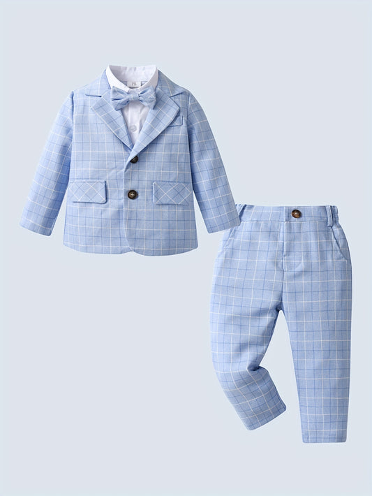 Baby Boy Fashion Gentleman Style Casual 3pcs/Set, Bow Tie Dress Shirt & Long Sleeve Plaid Coat & Plaid Pants Set, Outdoor Cloth